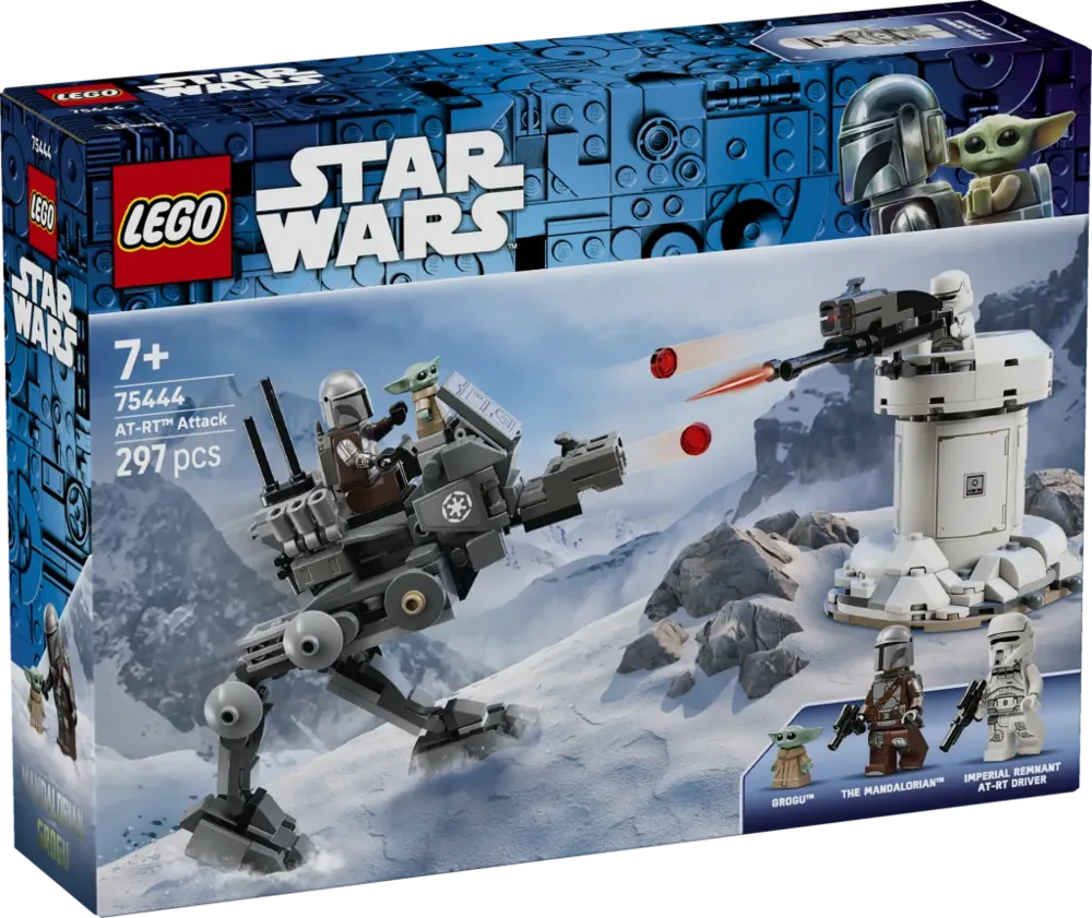 A retail box of the Lego Star Wars AT-RT Attack set, featuring The Mandalorian riding an AT-RT walker, attacking an Imperial gun turret manned by a Stormtrooper, with Grogu nearby.