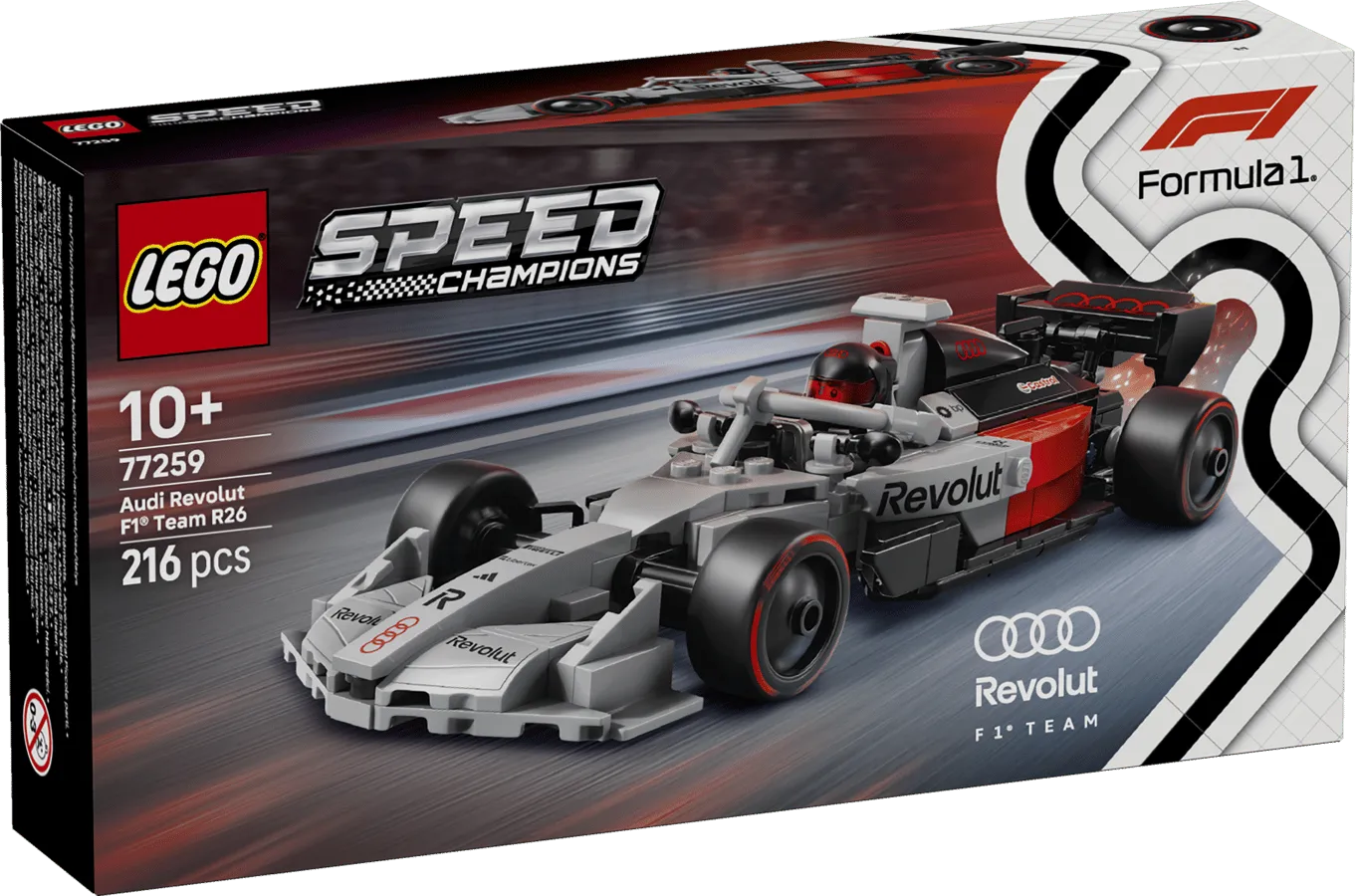 Front view of the LEGO Audi Revolut F1 Team R26 Race Car 77259 box showing the F1 car in grey, red, and black, along with the age recommendation 10+ and 216 pieces.