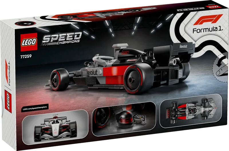 Back view of the LEGO Audi Revolut F1 Team R26 Race Car 77259 box, showing alternative angles of the car and a close-up of the helmet and race display.