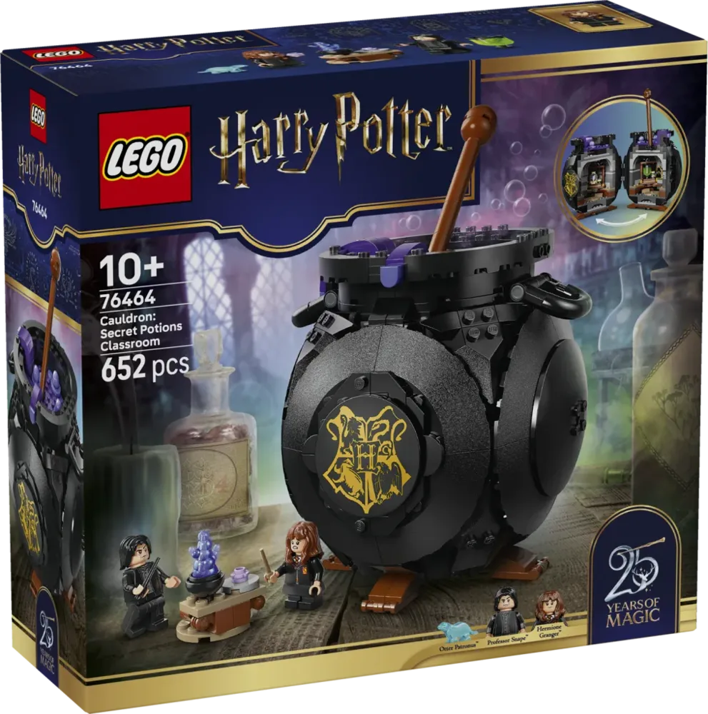 A LEGO Harry Potter Cauldron: Secret Potions Classroom set box featuring a black cauldron, minifigures of Harry Potter and Hermione Granger, and various potion elements.
