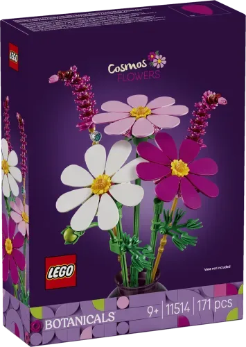 Lego Cosmos Flowers 11514 box front showing three flowers: two cosmos (pink and white) and one lavender-like stem, with "Botanicals" branding.
