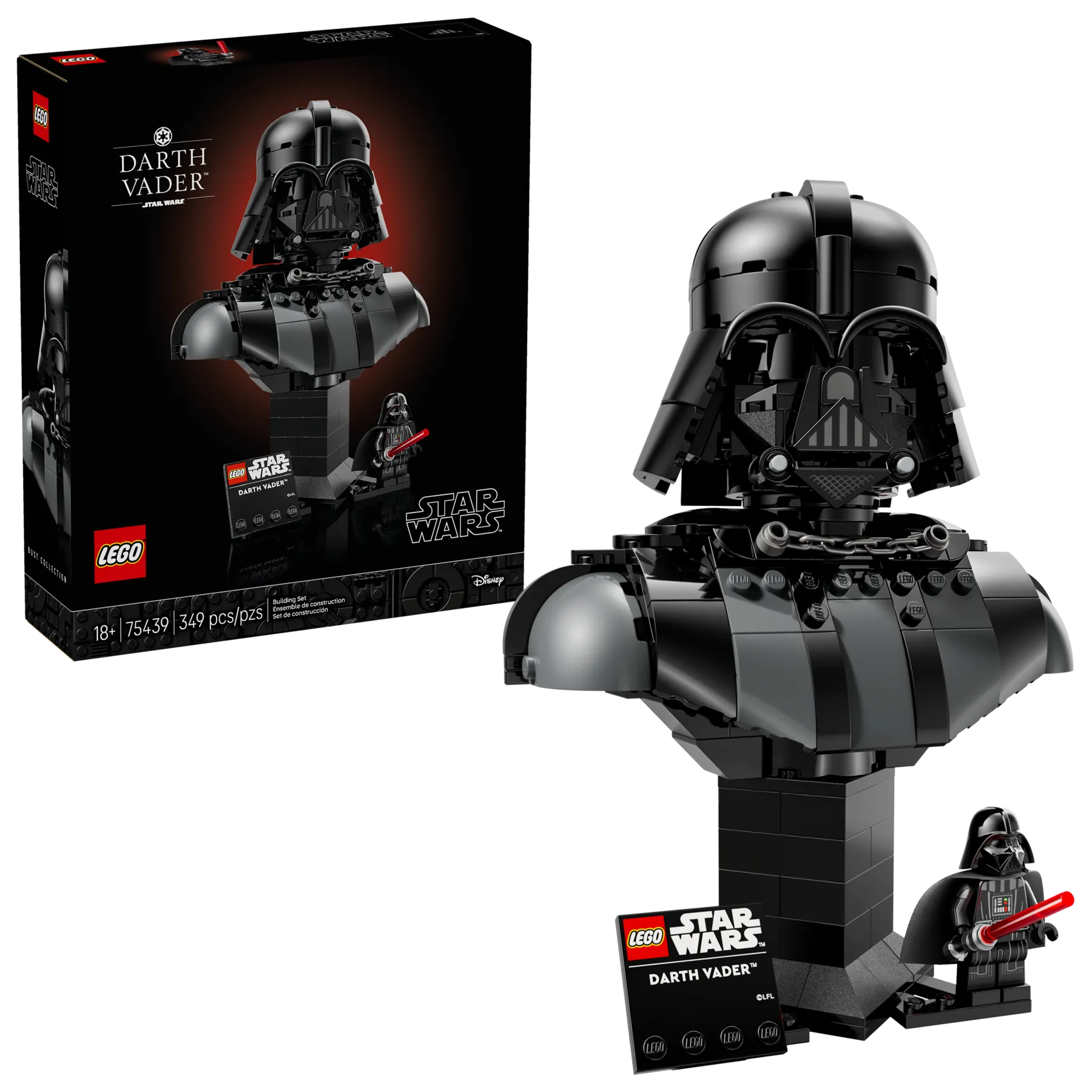 An angled view of the Lego Darth Vader Bust 75439, assembled and displayed next to its retail box. The model stands prominently with its display plaque and accompanying Darth Vader minifigure.