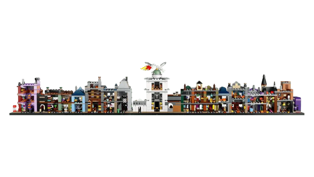 Rear view of linear Diagon Alley model, interiors visible.