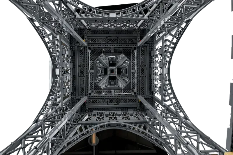 Upward view inside LEGO Eiffel Tower.