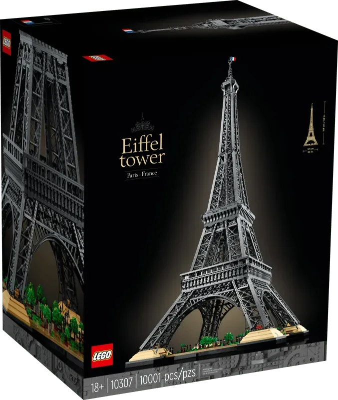 Front view of the black box for the LEGO Eiffel Tower 10307 set, showing the completed model against a black background with "Eiffel Tower Paris - France" text and piece count "10001 pcs".