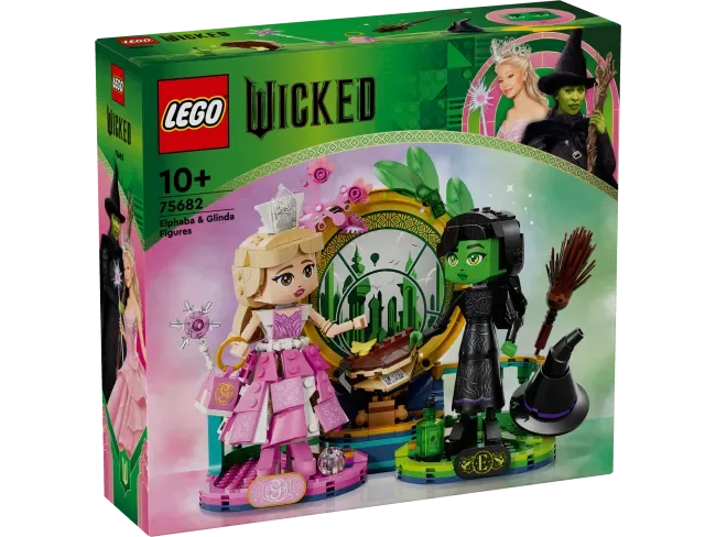 Front view of the Lego Wicked Elphaba & Glinda Figures 75682 box, showcasing the two brick-built figures and a decorative backdrop.