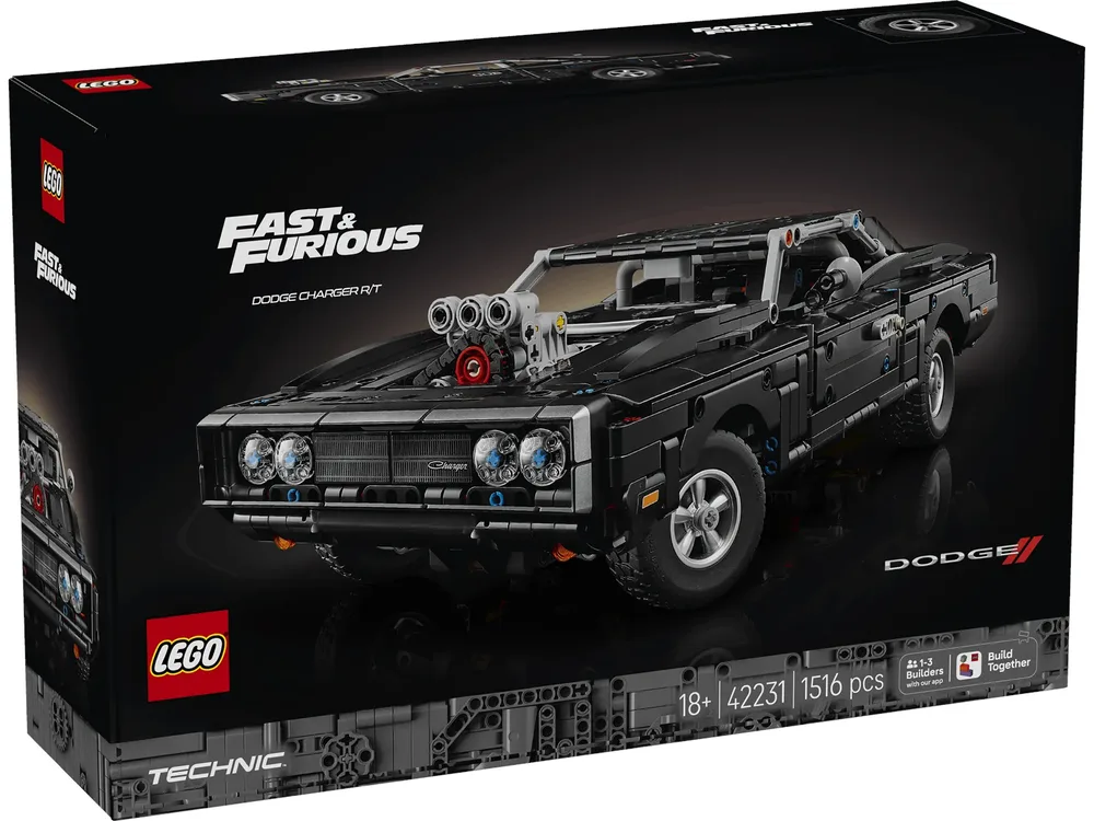 Front view of the LEGO Fast and Furious Dodge Charger R/T Car 42231 box, showcasing the assembled black muscle car with its exposed supercharger.