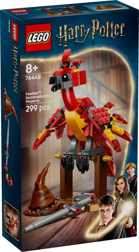 The front of the LEGO Harry Potter Fawkes™: Dumbledore's Phoenix box. The box features a large brick-built Fawkes, the Sorting Hat, and the Sword of Gryffindor. Images of Harry Potter, Hermione Granger, and Ron Weasley are also on the box. The set number 76448 and piece count 299 are visible.