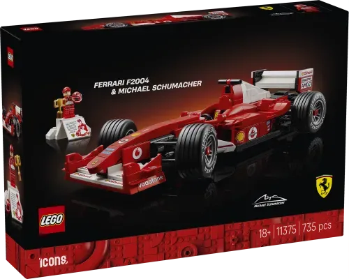 Front of the LEGO box for the Ferrari F2004 & Michael Schumacher set, showing the car model and minifigure, set number, piece count, and 'LEGO Icons' branding.
