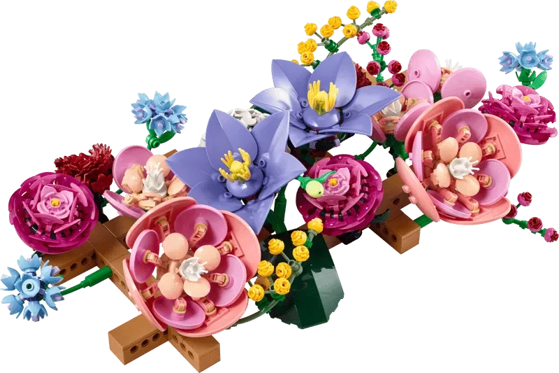 Close-up of diverse LEGO flowers