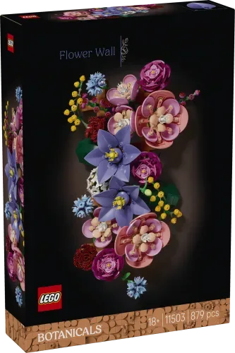 Front of the LEGO Flower Wall 11503 box, showcasing the vibrant arrangement of brick-built flowers on a black background. The set number, piece count, and 'Botanicals' theme are visible.