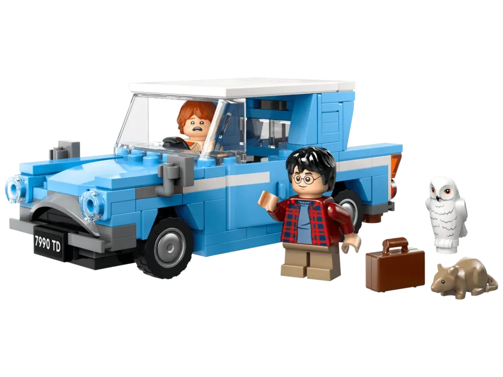 Assembled Ford Anglia with minifigures.