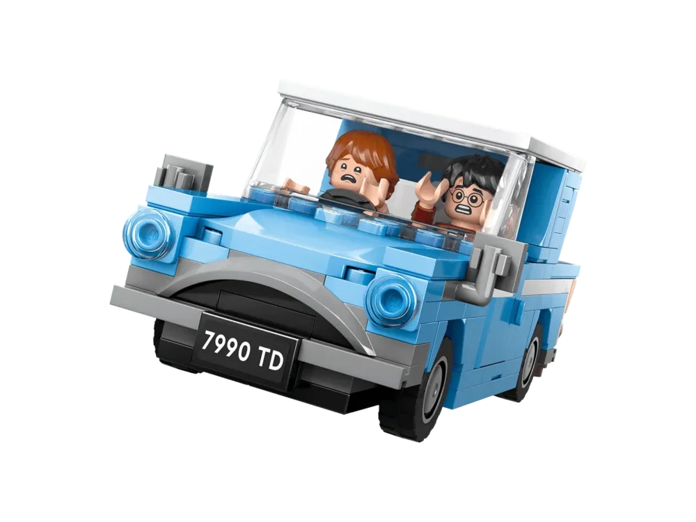 Flying Ford Anglia with scared minifigures.