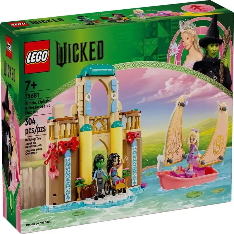 LEGO Wicked Glinda Elphaba Nessarose Shiz box front with three minifigures, a tan archway building, and a pink boat.
