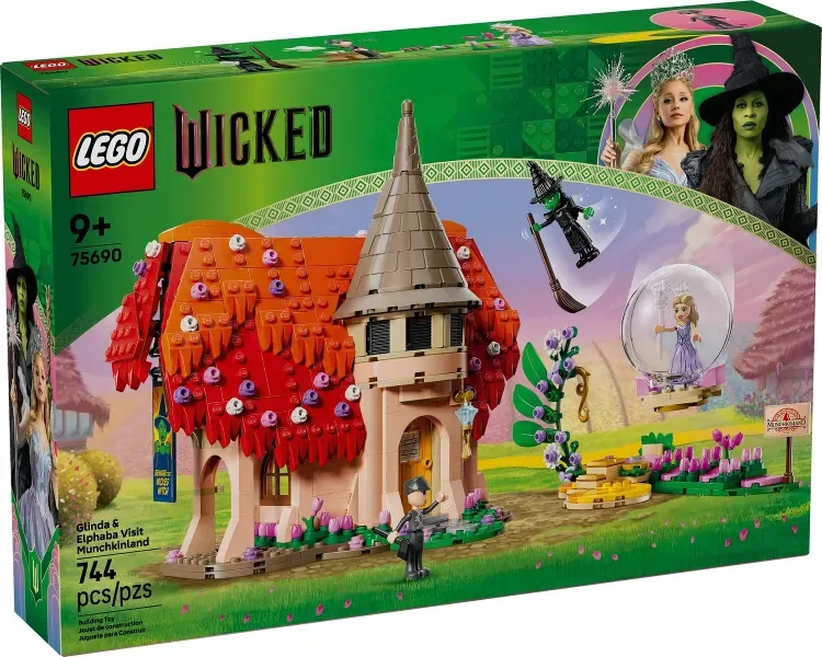 Front of the LEGO Wicked Glinda & Elphaba Visit Munchkinland box, showing the house, Glinda in a bubble, Elphaba flying on a broom, and movie images of Glinda and Elphaba.