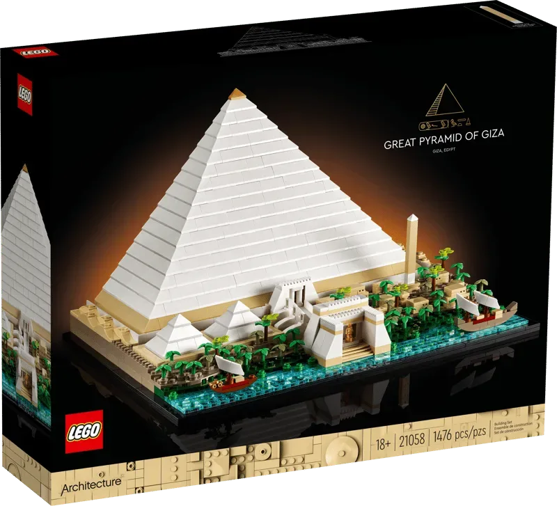 A boxed LEGO Architecture set showing the Great Pyramid of Giza model on a dark background.