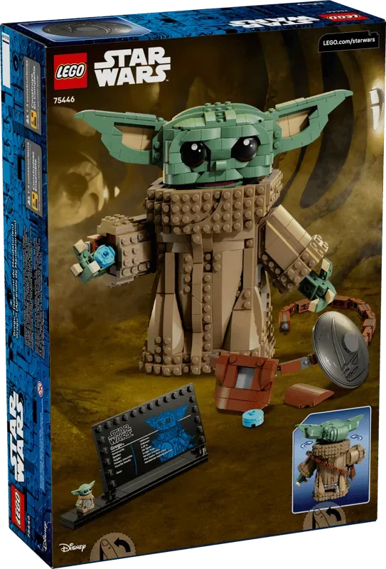 Back view of LEGO Grogu 75446 box, showing articulation.
