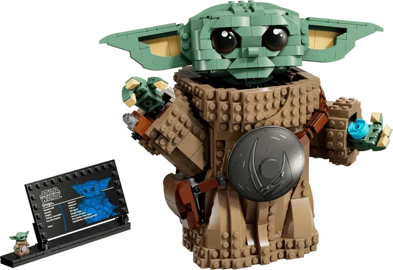 LEGO Grogu with shifter knob and plaque.