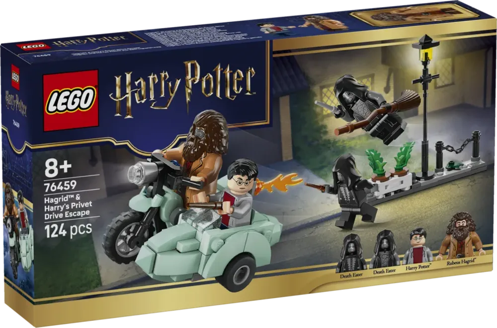 Front view of the LEGO Harry Potter set 76459 box, showing Hagrid and Harry on a motorcycle with a sidecar, chased by two Death Eaters near a streetlamp.