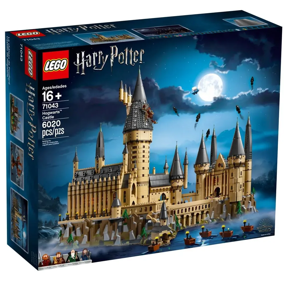 LEGO Harry Potter Hogwarts Castle 71043 box art showing the front of the castle at night with a full moon.