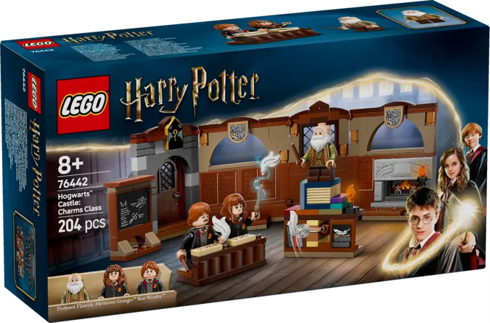 Full product box for LEGO Harry Potter Hogwarts Castle: Charms Class, featuring minifigures Professor Filius Flitwick, Hermione Granger, and Ron Weasley. The box shows the interior of the charms classroom with a blackboard, desk, and a levitating feather. The set number 76442 and piece count 204 pcs are visible.