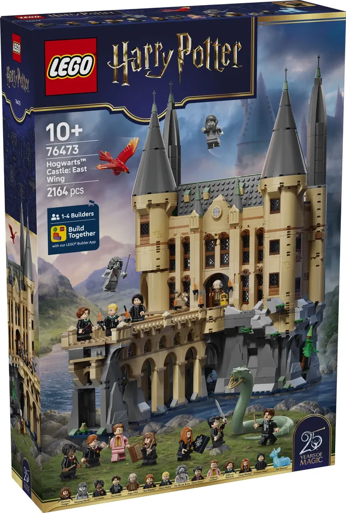 Front of the LEGO Harry Potter Hogwarts Castle: East Wing box, showcasing the built model, minifigures, and key features like the Basilisk and Phoenix.