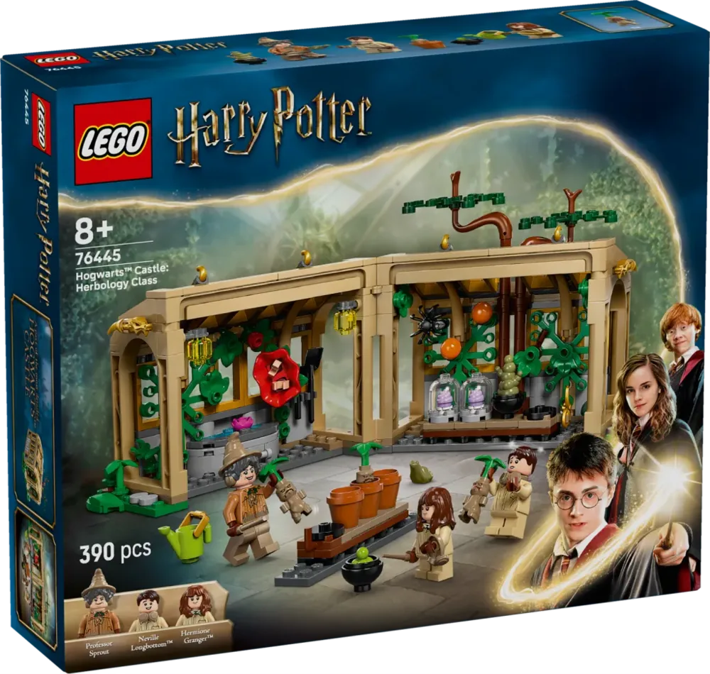 The LEGO Harry Potter Hogwarts Castle Herbology Class set box, featuring Professor Sprout, Neville, Hermione, and Harry, with the greenhouse open to display detailed interior scenes and various magical plants.