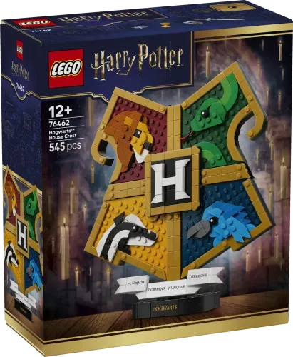 LEGO Harry Potter Hogwarts House Crest set box showing the finished model with 545 pieces, recommended for ages 12+