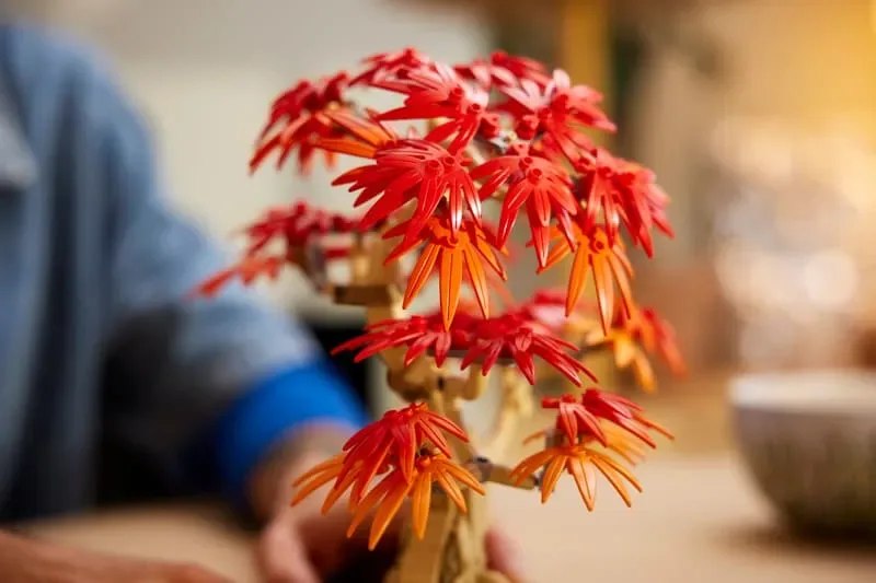 Close-up on LEGO Maple Tree's textured leaves.