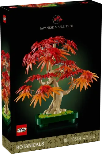 Front of the LEGO Japanese Red Maple Tree 10348 box, featuring the assembled model with vibrant red and orange leaves against a dark background, showing set number, piece count, and 'Botanicals' theme.