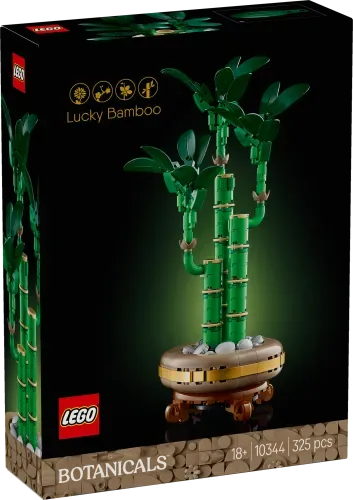Front view of the LEGO Lucky Bamboo 10344 set box, featuring the assembled model with green bamboo stalks and leaves in a golden-rimmed pot, against a dark background, with LEGO and Botanicals branding.