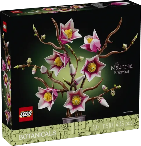 LEGO Magnolia Branches 11510 box front showing assembled model on dark background.