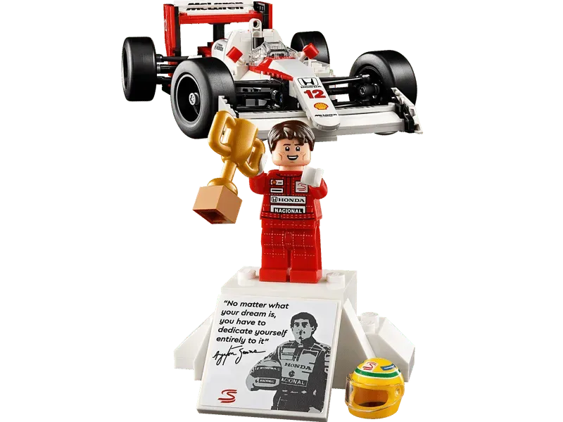 Ayrton Senna Lego minifigure with trophy.