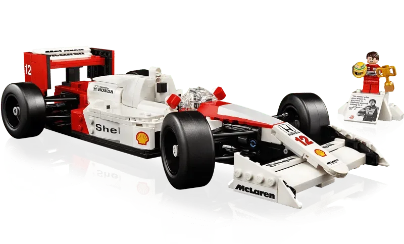 Lego McLaren MP4/4 and Ayrton Senna from low angle.