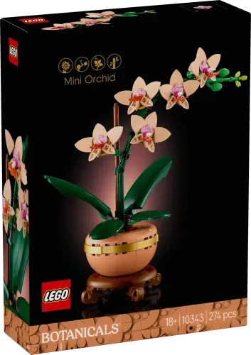 LEGO Botanicals Mini Orchid 10343 set box, showing the assembled model with a dark background.
