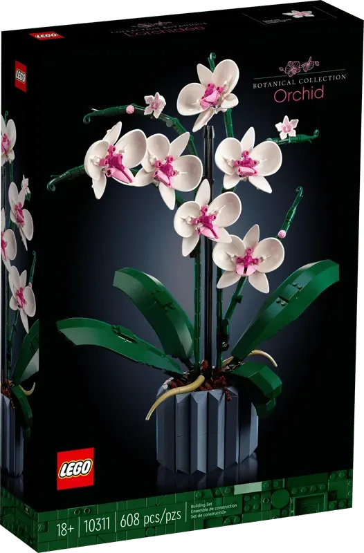 Front of the LEGO Orchid 10311 box, featuring a realistic white and pink orchid built from LEGO bricks in a grey pot, against a dark background.