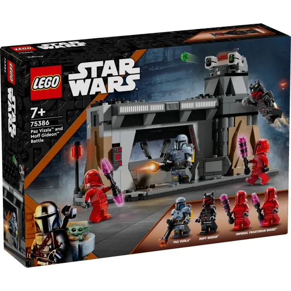 The back of the LEGO Star Wars Paz Vizsla and Moff Gideon Battle 75386 box, showcasing the assembled set, minifigures, and key play features like the dropping gate and stud shooter with arrows indicating action.