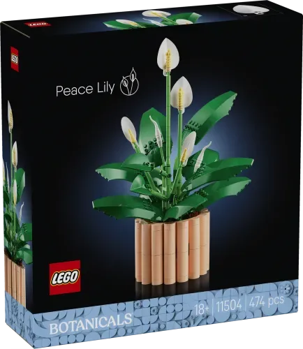 LEGO Peace Lily 11504 front box art, showing the assembled green plant with white flowers in a tan pot against a dark background.