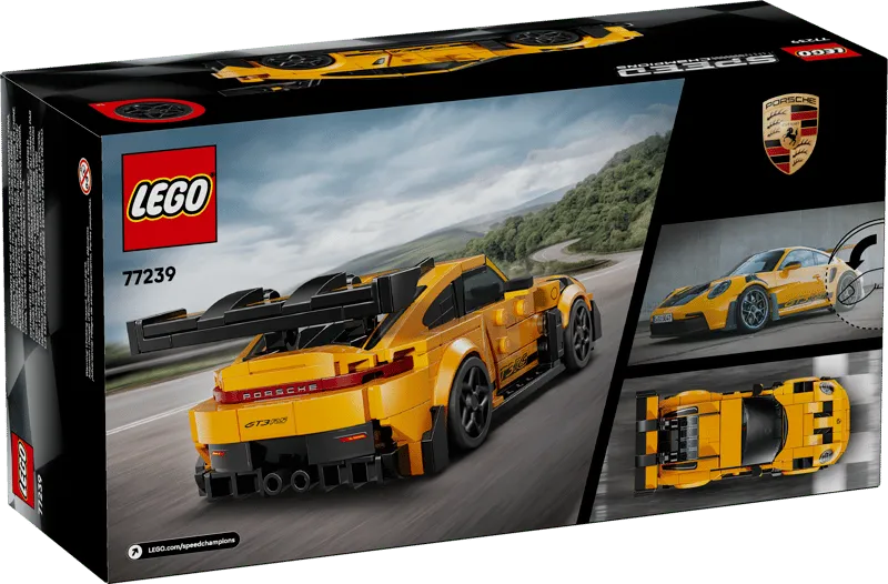 Back of the Lego Porsche 911 GT3 RS Super Car 77239 box, showing rear and top views of the yellow car.