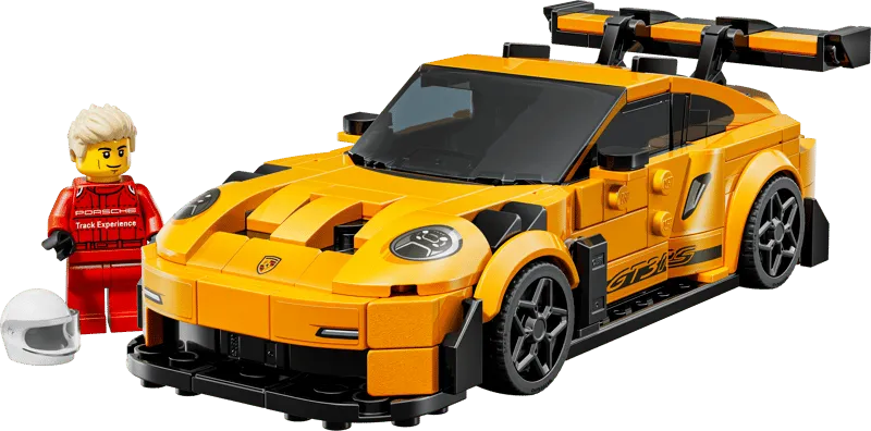 Completed Lego Porsche 911 GT3 RS car with a minifigure in a red racing suit and white helmet.