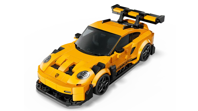 High-angle front view of the completed Lego Porsche 911 GT3 RS car in yellow and black.