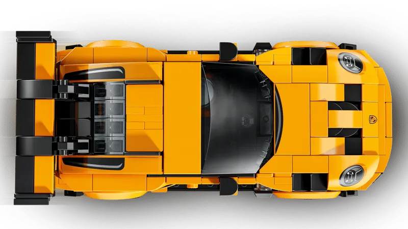 Top-down view of the completed Lego Porsche 911 GT3 RS car, showing its width and spoiler.