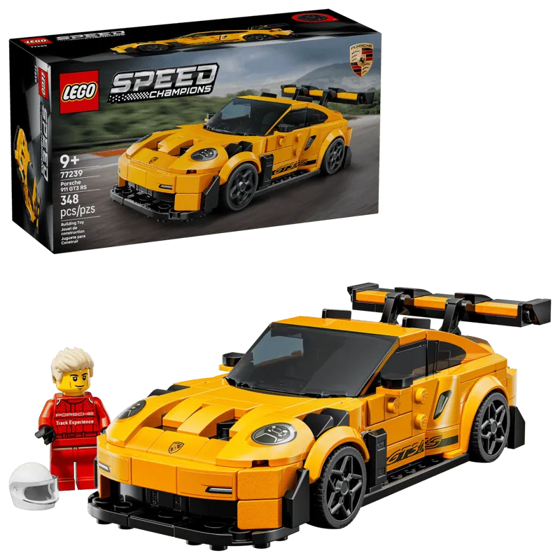 Lego Porsche 911 GT3 RS Super Car 77239 box alongside the completed car with a minifigure.