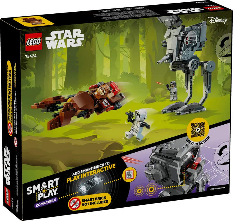Back view of the Lego SMART Play AT-ST Attack on Endor 75424 box, highlighting interactive features, minifigures in action, and a QR code for more information. It emphasizes 'ADD SMART BRICK TO PLAY INTERACTIVE'.