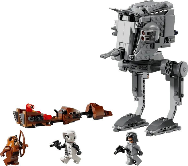 Assembled Lego AT-ST walker, Ewok speeder bike, AT-ST Driver minifigure, Scout Trooper minifigure, and Wicket minifigure against a clean white background.