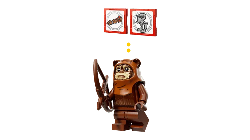 Lego Wicket the Ewok minifigure holding a bow and arrow, with two red 'Smart Tags' floating above his head, indicating interactive play features.
