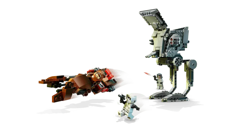 Lego AT-ST walker firing red lasers, a Scout Trooper running, and an Ewok on a speeder bike in motion, depicting an action scene against a white background.