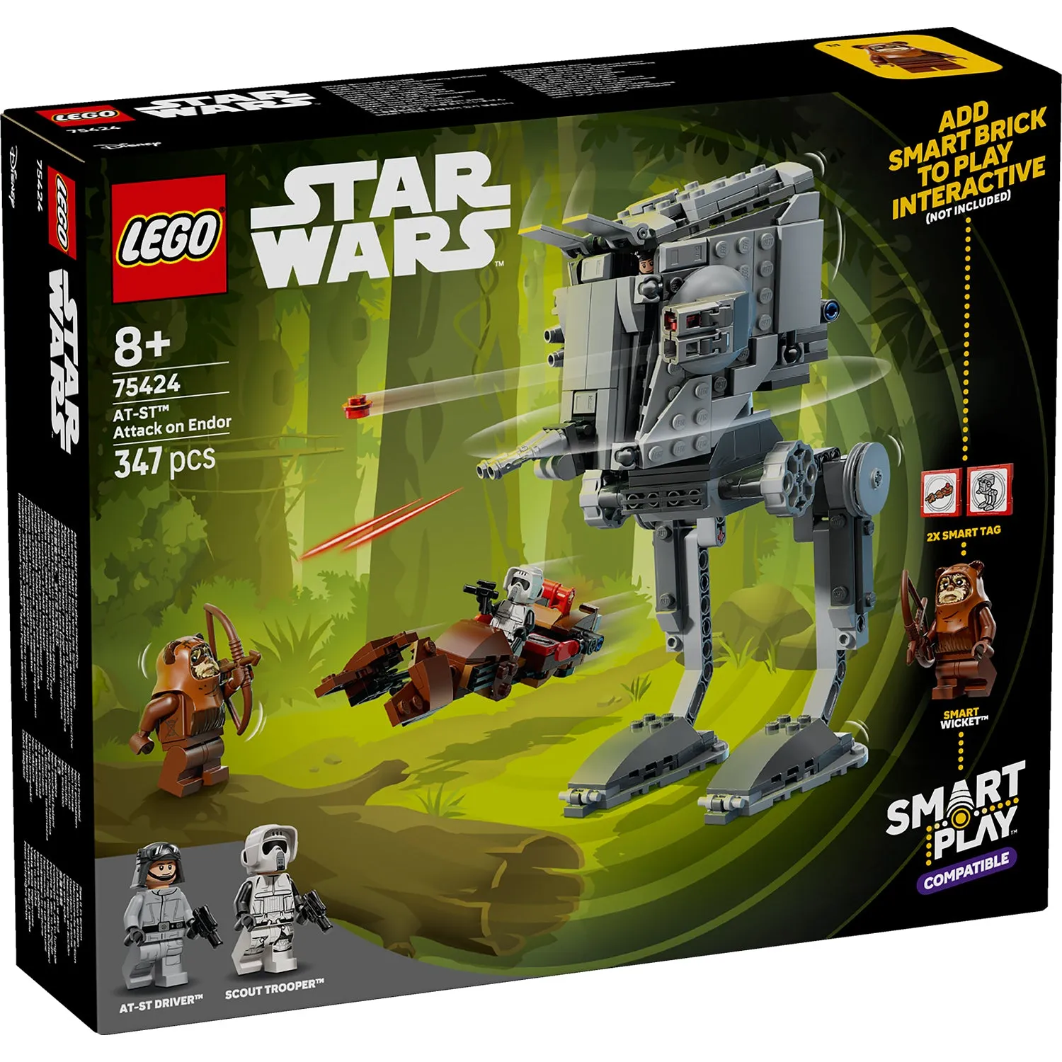 Front view of the Lego SMART Play AT-ST Attack on Endor 75424 box, showcasing the AT-ST walker, an Ewok speeder bike, and minifigures including Wicket, a Scout Trooper, and an AT-ST Driver. The box art features a forest background and highlights 'SMART PLAY COMPATIBLE'.