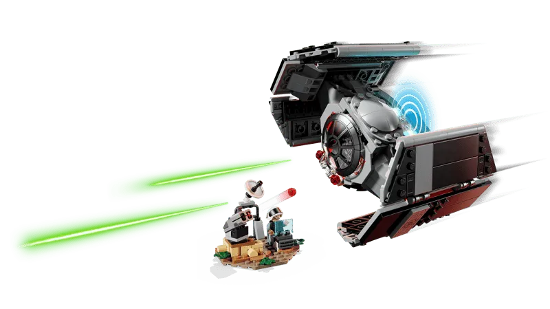 Darth Vader's TIE Fighter swooping down, firing green lasers at a Rebel defense turret manned by a Rebel Fleet Trooper, depicting an action-packed scene.