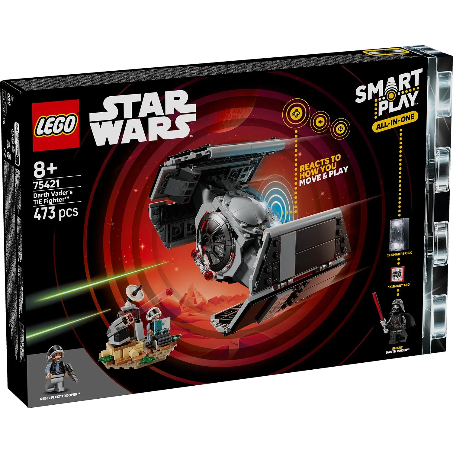 Front view of the LEGO Star Wars 75421 Darth Vader's TIE Fighter Smart Play set box, showing the TIE Fighter, Darth Vader, and a Rebel Fleet Trooper in action. The box highlights 'SMART PLAY All-in-One' and 'Reacts to how you move & play.'